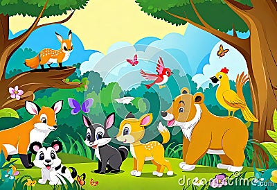 vector illustration, numerous cute animals in the forest landscape, animal school in nature Cartoon Illustration