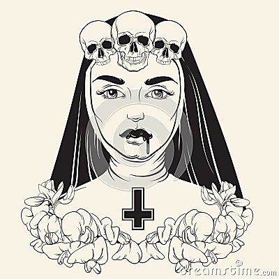 Vector illustration of nun with human skull blood and cross Vector Illustration