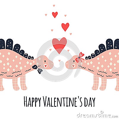 Nursery cute print with dinosaur. Happy Valentine`s day. 14 February. Heart. Vector Illustration