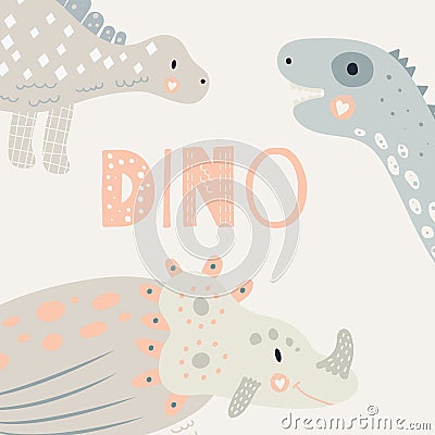 Nursery cute print with dinosaur. Triceratops, Diplodocus, stegosaurus. Pastel color. Vector Illustration