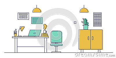 Workplace in the office. Modern interior, bright colors. Illustration in a linear style. Vector Illustration