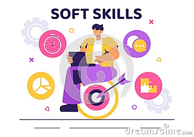 Vector Illustration of Office Workers Demonstrating Soft Skills such as Empathy, Communication, Idea Development, Teamwork Vector Illustration