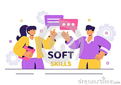 Vector Illustration of Office Workers Demonstrating Soft Skills such as Empathy, Communication, Idea Development, Teamwork Vector Illustration