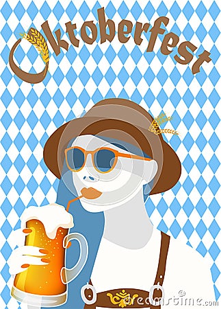 Oktoberfest blue diamond symbols poster banner with a hip woman holding a light beer mug Vector Illustration