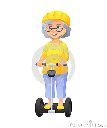 Vector illustration of an old active lady with glasses and protect helm, who is dressed in tunic and breeches. She is Vector Illustration