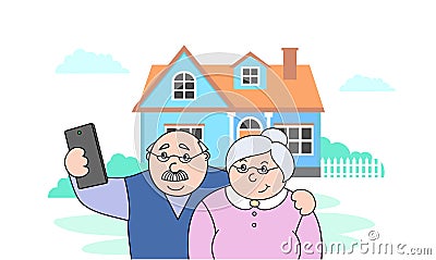 Vector illustration old happy old man and old lady making selfies on the phone,family photo portrait of grandparents Vector Illustration