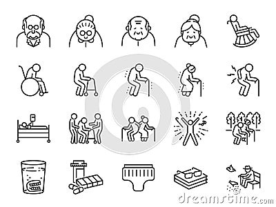 Old man line icon set. Included icons as older people, aging, healthy, senior, life and more. Vector Illustration