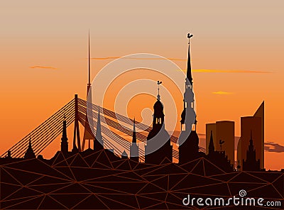 Riga Old Town Skyline during sunset time Vector Illustration