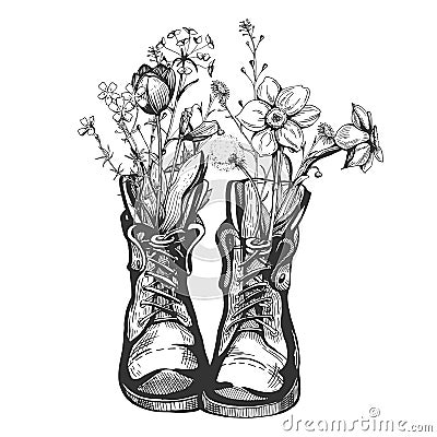 Old vintage boots filled with wild flowers Vector Illustration