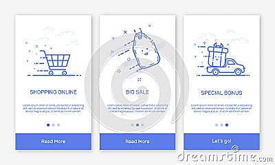Vector Illustration of onboarding app screens and flat line web icons for e-commerce mobile apps. Vector Illustration