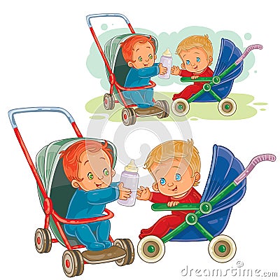 Vector illustration of one little baby stretches his milk bottle to another baby Vector Illustration