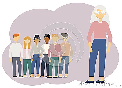 Illustration of one woman of large size and against the background of many different people of smaller size Vector Illustration