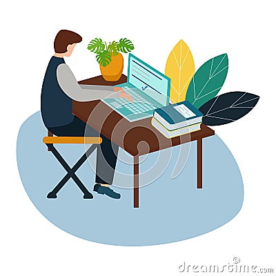 Vector illustration, online courses for employees, people sit at the conference and look at the big screen, analysis of Vector Illustration