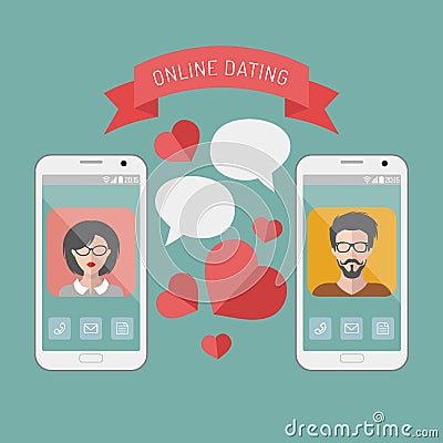 Vector illustration of online dating man and woman app icons on mobile phone displays with speech bubbles in flat style Vector Illustration