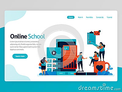 Vector illustration for online school landing page. Mobile apps for education and learning. Video tutorial, online classroom, webi Vector Illustration