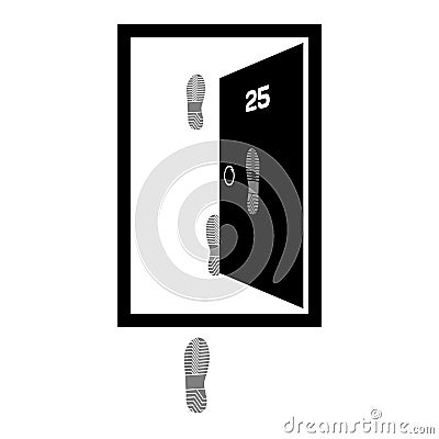 Vector illustration of an open door with the number twenty-five and shoe prints on the door and the next, flat style Cartoon Illustration
