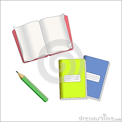 Vector illustration of opened book, yellow and blue notebooks and green pencil Vector Illustration