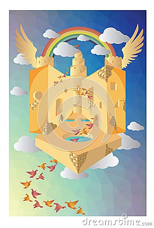 Optical illusion of a flying castle Cartoon Illustration