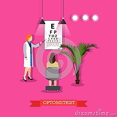 Vector illustration of optometrist checking patients vision in flat style Vector Illustration