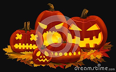 Vector illustration of orange glowing pumpkin lanterns for Halloween with carved faces placed on autumn leaves. Vector Illustration