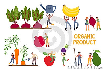 Vector illustration with organic products and tiny people on white. Vector Illustration