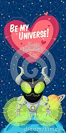 Vector illustration about outer space for Valentines day. Cartoon Illustration