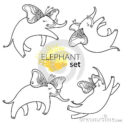 Vector illustration with outline flying elephant with butterfly wings isolated on white background. Set with cartoon elephants. Vector Illustration