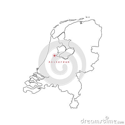 Vector illustration of outline Netherlands map with capital city Amsterdam. Vector Illustration