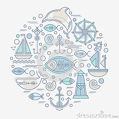 Vector illustration with outlined nautical seafaring signs and marine animals Vector Illustration