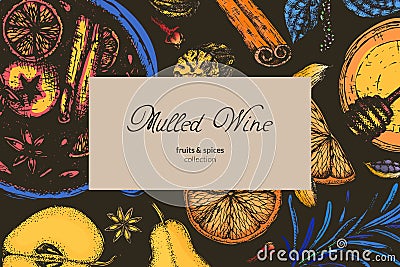 Vector illustration with package design or spice label for mulled wine. Dry fruits apples and oranges, seasoning for hot wine in Vector Illustration