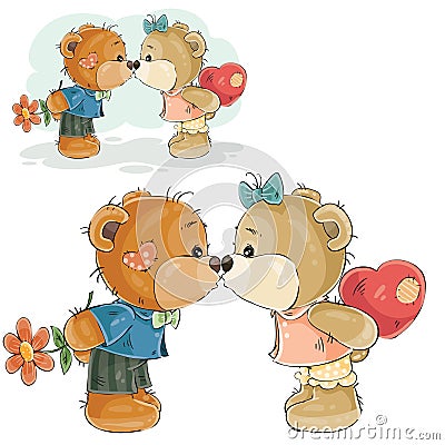 Vector illustration of a pair of brown teddy bears boy and girl kissing, declaration of love Vector Illustration