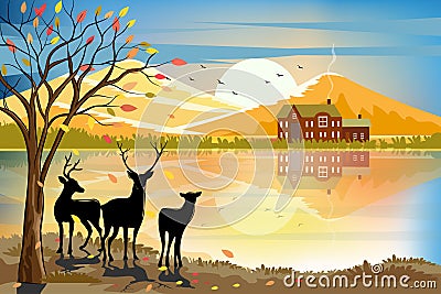 Vector illustration of panorama autumn landscape in countryside, forest trees with leaves falling and reindeers family. Panoramic Vector Illustration