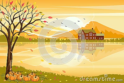 Vector illustration of panorama autumn landscape in countryside with forest trees and leaves fallingPanoramic of farm field with Vector Illustration