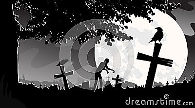 Vector illustration panorama landscape cemetery, night, moon, tombstones, zombies, monochrome, black and white, tree Vector Illustration