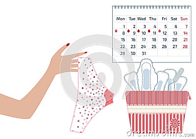 Vector illustration of pants with menstrual blood drops in women monthlies period, tampon and pads. Feminine hygiene in Menstrual Vector Illustration
