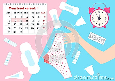 Vector illustration of pants with menstrual blood spots in women monthlies period, tampon, cap and pads. Feminine hygiene in Vector Illustration