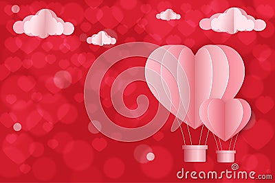 Vector illustration, Paper art of Valentine invitation or greeting card with hot air balloons heart flying with blurry bokeh on Vector Illustration