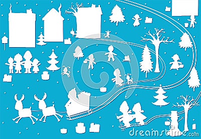 Vector illustration of paper cut silhouettes of cartoon Santa Claus, people, children and gifts for Christmas Vector Illustration