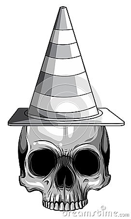Monochromatic Vector illustration paper sticker Halloween icon witch hat with skull Vector Illustration