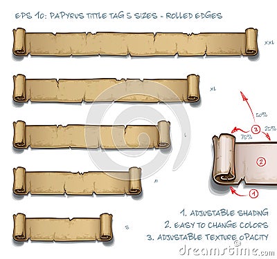 Papyrus Tittle Tag Five Sizes - Rolled Edges Vector Illustration