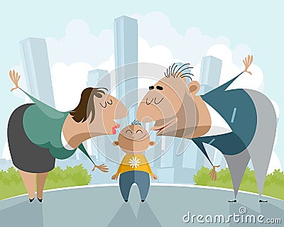 Parents kissing a child Vector Illustration