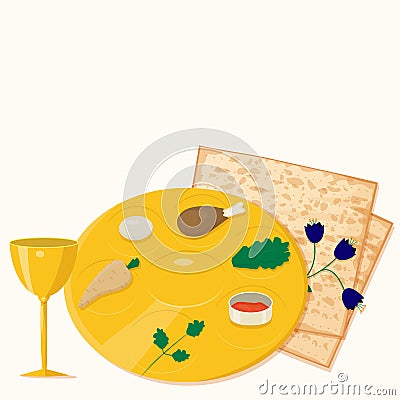 Vector illustration of passover seder plate with matzoh and wine Vector Illustration