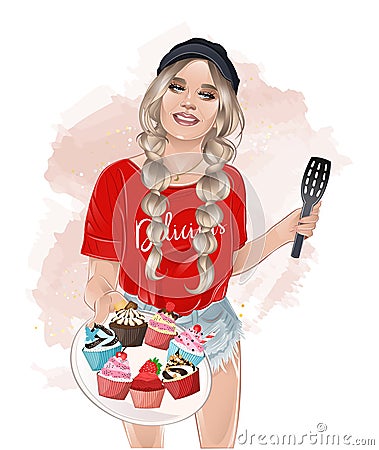 Pastry girl caring the plate with delicious cupcakes Vector Illustration