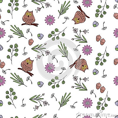 Vector illustration of pattern with flowers, leaves, owls. Vector Illustration