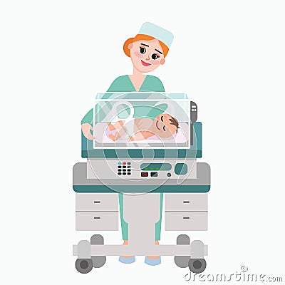 Vector illustration of pediatrician doctor with baby. Nurse examining newborn kid inside incubator box. Child care Vector Illustration