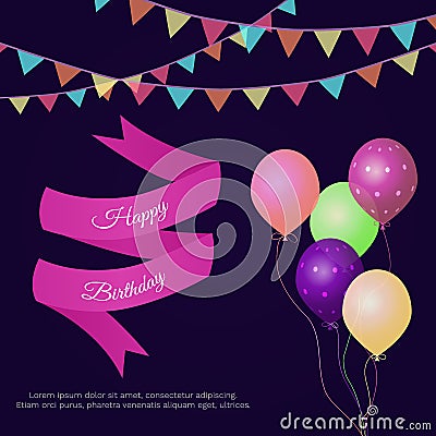 Vector illustration with pennants, confetti, balloons, ribbon and text Happy Birthday. Vector Illustration