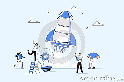 Vector illustration people are building a spaceship rocket. cohesive teamwork in the startup vector Cartoon Illustration