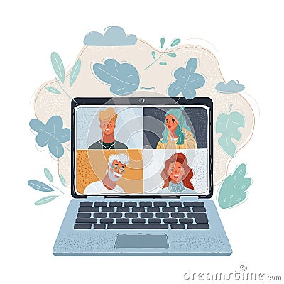 Vector illustration of people chatting online together poster. Men, women have video calling to each other. Internet Vector Illustration