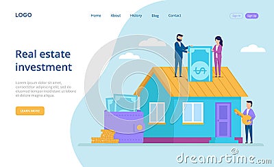 Vector Illustration Of People Investing Money In Real Estate. Small Characters Putting Banknote In House, Man Holding Vector Illustration