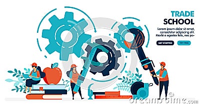 Vector illustration of people learning to repair machines. Trade school or vocational. University or college institution. Vector Illustration